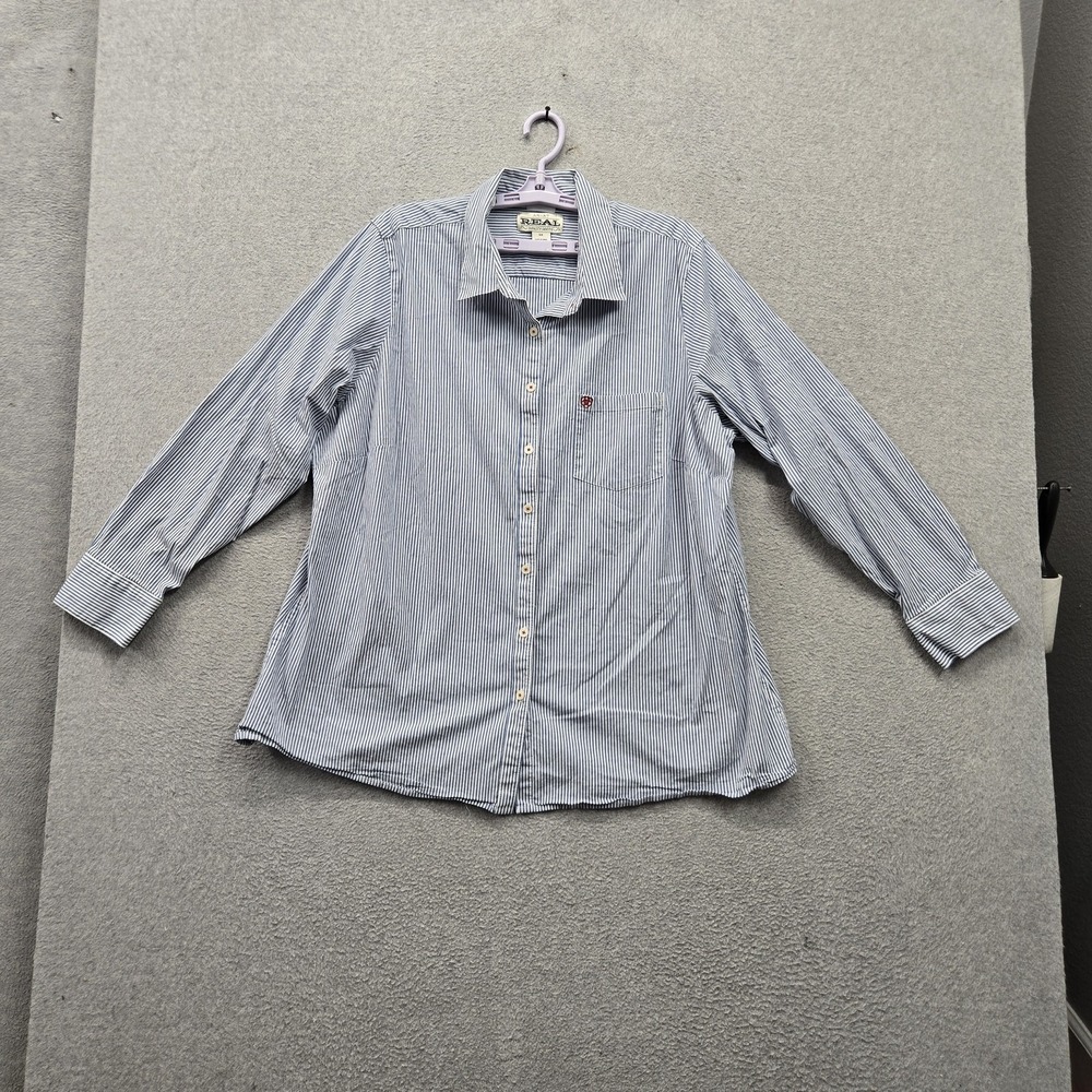 Ariat Women Button Up Shirt 3X Blue Striped Western Embroidered Collared
